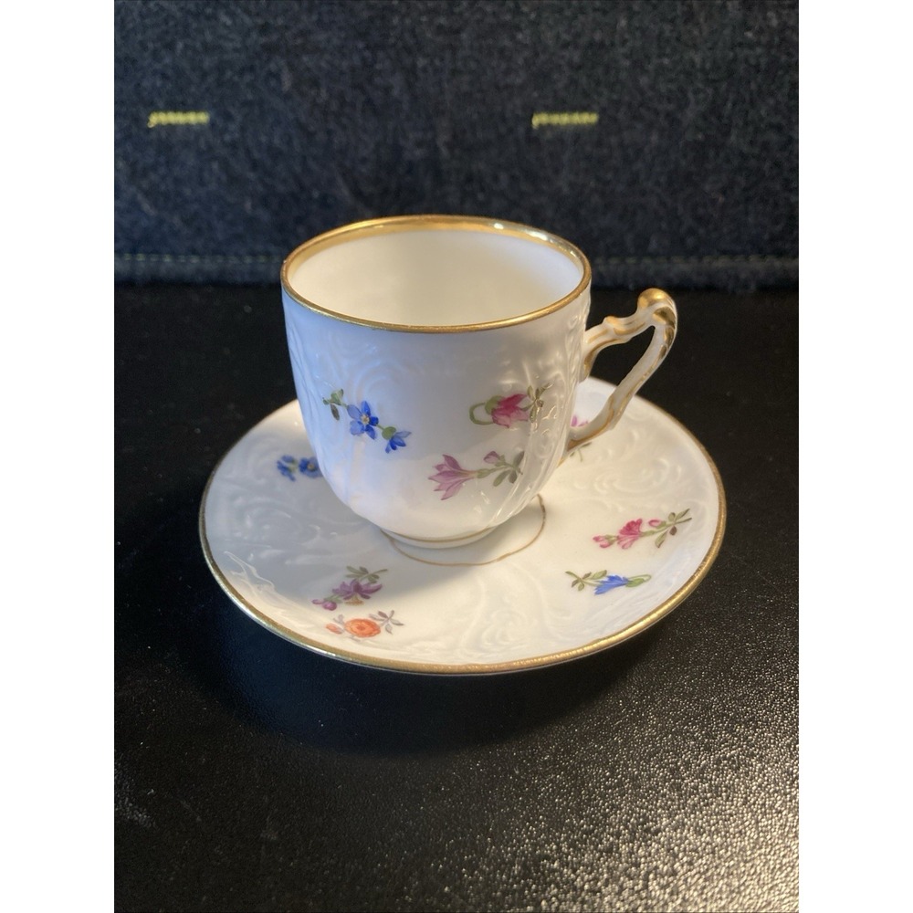 Rosenthal Bavaria Demitasse Cup & Saucer Gold Gilt Hand Painted Floral Embossed